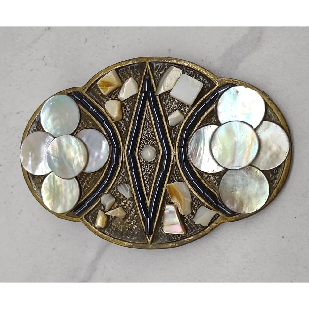 Abalone Shell Stone Bead Inlay Belt Buckle Brass Tone Boho Hipster Nature